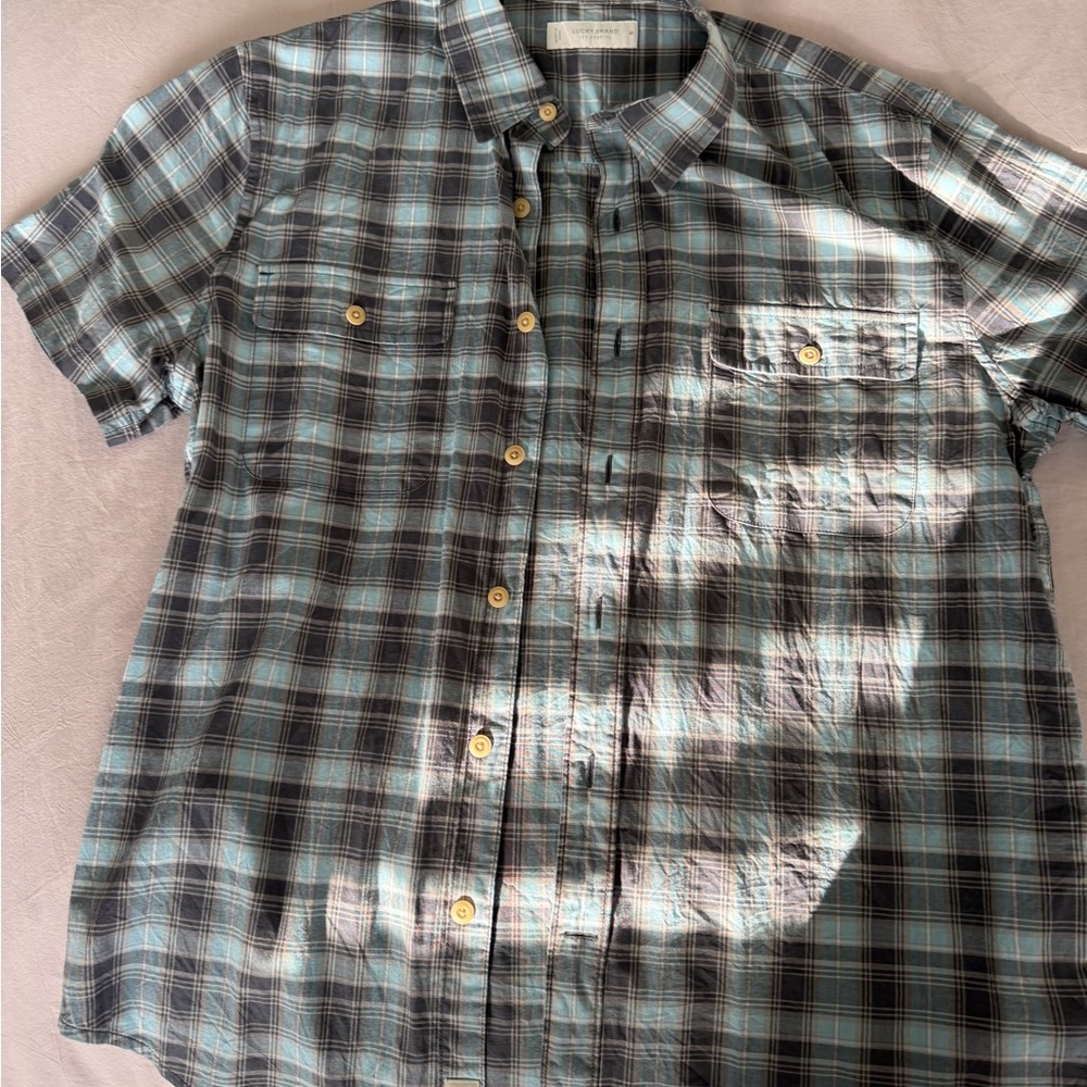 Lucky Brand Men's Casual Blue and Gray Plaid Shirt
